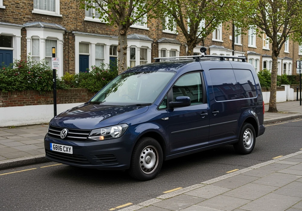 Scène extérieure urbaine : fourgonnette commerciale Volkswagen Caddy bleu marine garée dans rue résidentielle londonienne avec maisons victoriennes en briques