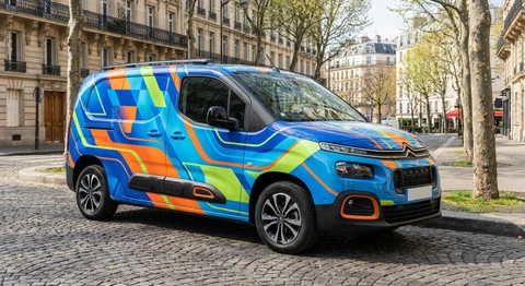 Photographie d'un véhicule berline ou monospace de couleur foncée circulant ou stationné en milieu urbain, recouvert d'un covering complet aux couleurs vives et design professionnel, présentant clairement la transformation visuelle du véhicule par le covering. L'image doit montrer le véhicule en situation réelle (rue, quartier commercial ou parking) pour illustrer son utilisation comme vitrine mobile, avec un éclairage naturel professionnel.